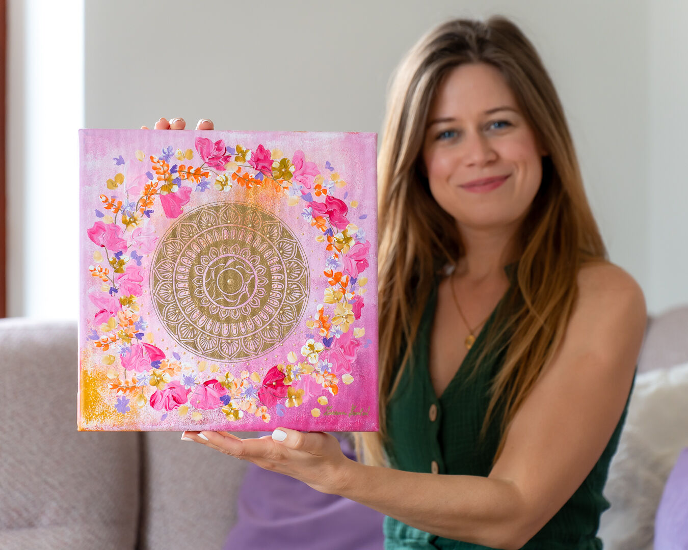 Růžová mandala s&nbsp;kytičkami, 30x30 cm, obraz Zuzany Krulové